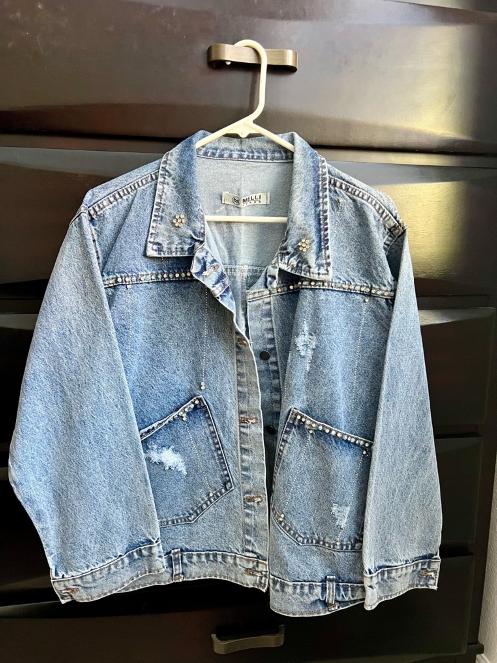 New Melli Women's Light Blue Distressed Denim Jacket with Stud Detail